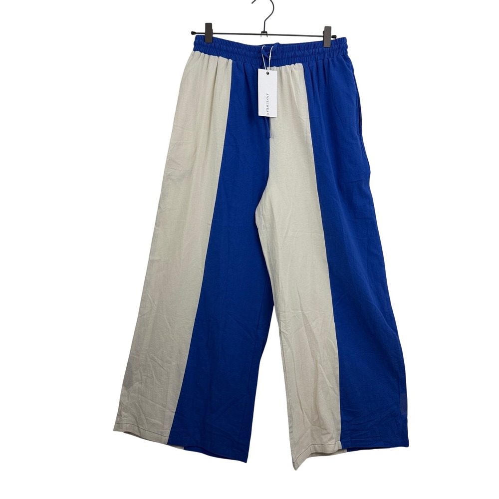 Anniewear Pants Womens Large Blue Cream Striped Wide Leg Elastic Waist NWT